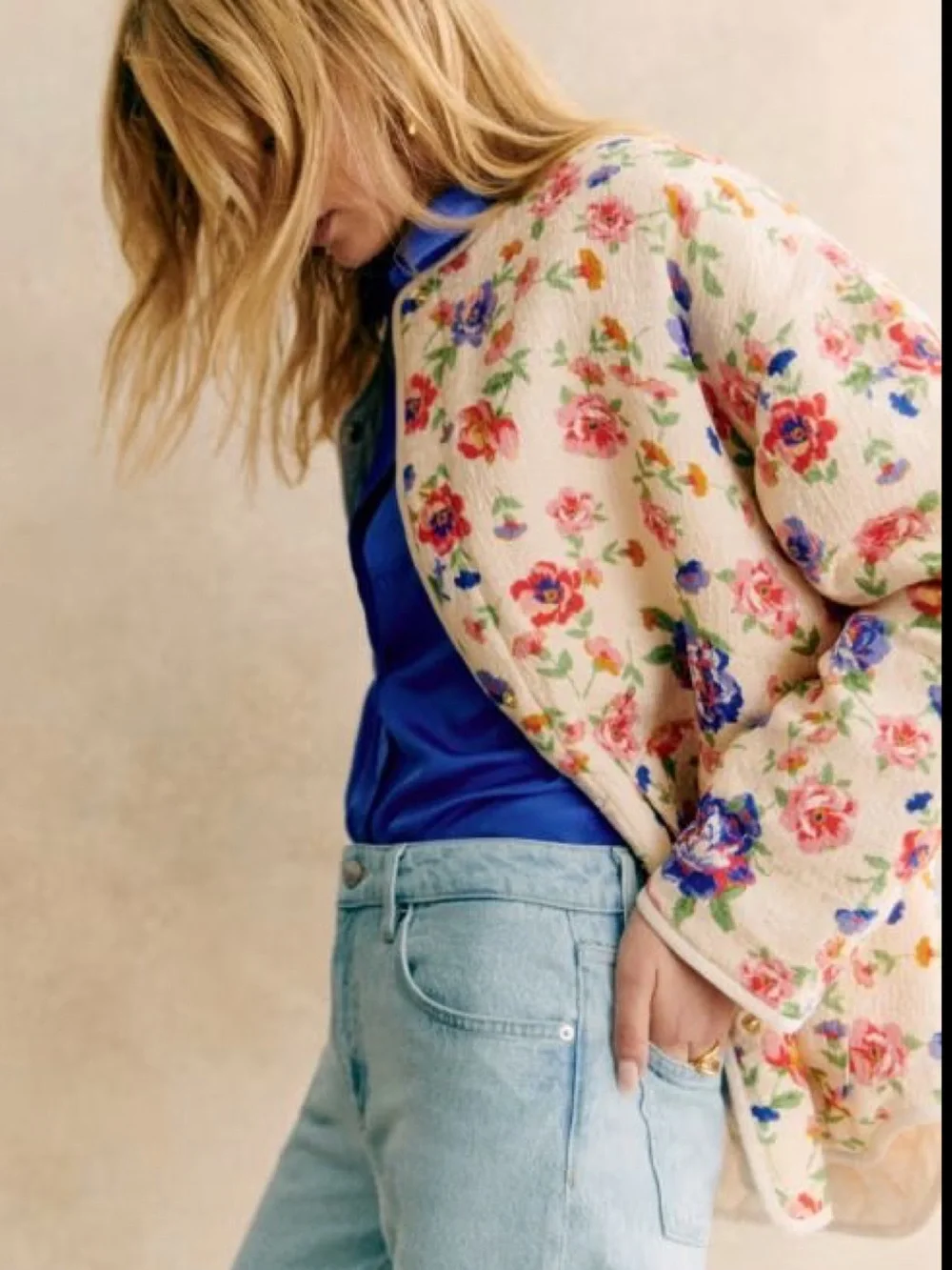 Sezane Cream Quilted Bomber Jacket with Pink & Blue Floral Print - Picture 2 of 6